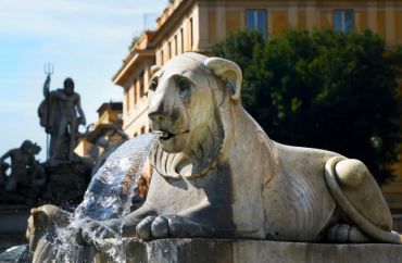 Lions Fountain and Flaminio Obelisk in Piazza del Popolo, Rome